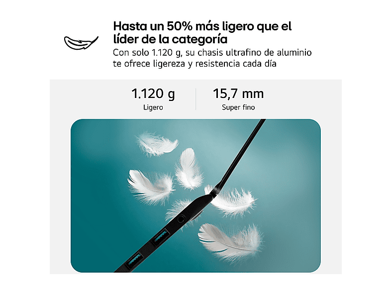 Portátil - LG 14ZD90T-G.AX88B, 14" WUXGA, Intel® Core™ Ultra 7-255H, 13 TOPS, 32 GB RAM, 1 TB SSD, Arc™ GPU, Sin sistema operativo