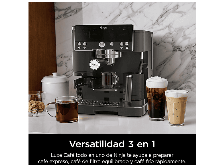 Cafetera express - Ninja Luxe Café Premier ES601EUBK, 9 bar, 1650W, 2 Tazas, Capacidad del depósito 2L, Capacidad de café en grano 250g, Negro