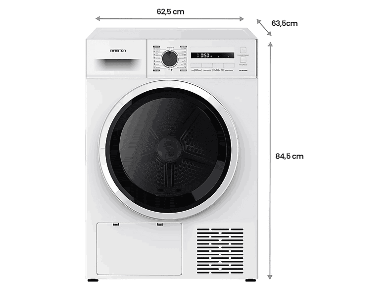 Secadora bomba de calor - Infiniton SD-BC8EWN, Bomba de calor, 8 kg, 16 programas, Blanco