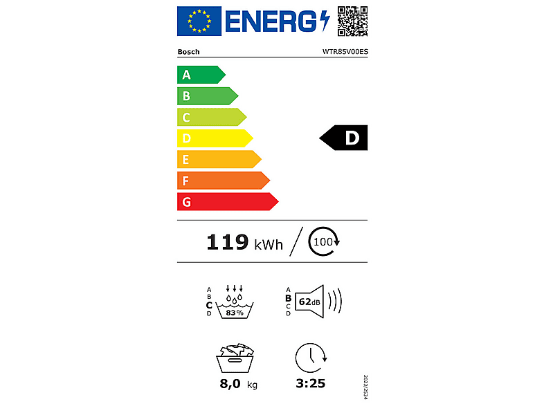 Secadora bomba de calor - Bosch WTR85V00ES, Eléctrico, 1 kg, Blanco