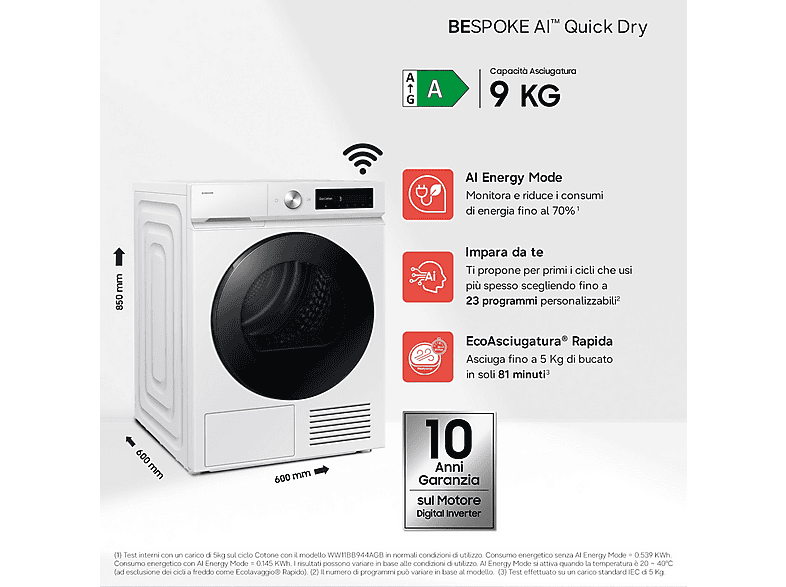Secadora bomba de calor - Samsung DV90DB7845GW, Eléctrico, 9 kg, 4 programas, White