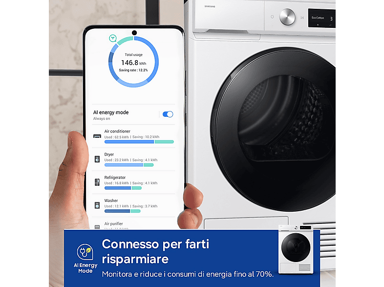 Secadora bomba de calor - Samsung DV90DB7845GW, Eléctrico, 9 kg, 4 programas, White