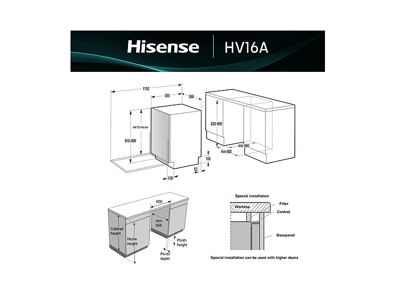 Lavavajillas integrable 60 cm - Hisense 746058, 16 servicios, 8 programas, 59,8 cm, No aplicable