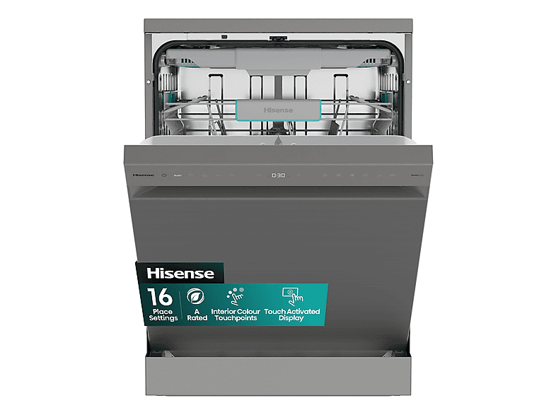 Lavavajillas libre instalación 60 cm - Hisense HS663A90XUK, 16 servicios, 8 programas, 599 mm, Acero inoxidable