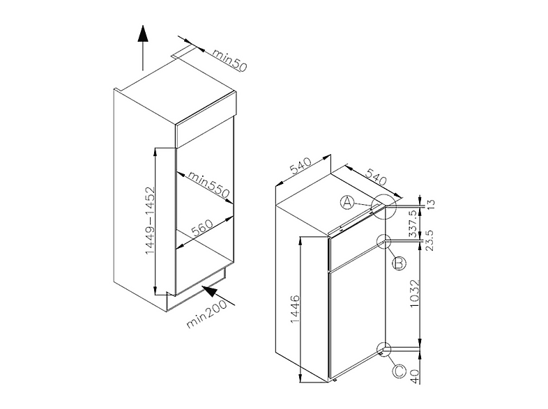 Frigorífico dos puertas - Candy CFBD2450/2ESH, Cíclico, 145 cm, 205 l, Integrable, Estantes de Cristal, Sin panelar