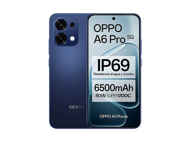 Móvil - Oppo A6 Pro 5G, Stellar Black, 256GB, 8GB RAM, 6.57" AMOLED, Mediatek Dimensity 6300 (6nm), 6.500mAh, IP69, Pantalla AMOLED 120 Hz