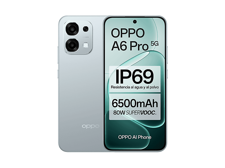 Móvil - Oppo A6 Pro 5G, Lunar Titanium, 256GB, 8GB RAM, 6.57" AMOLED, Mediatek Dimensity 6300 (6nm), 6.500mAh, IP69, Pantalla AMOLED 120 Hz