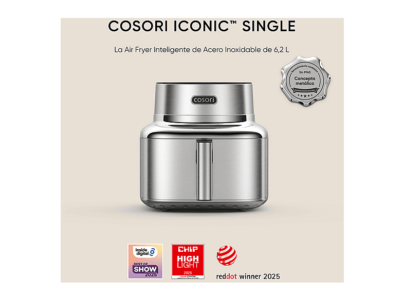 Freidora de aire - Cosori Iconic Single Chef Edition, 6.2L, 1725 W, 6 Funciones, Acero inoxidable