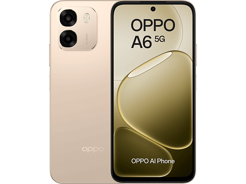 Móvil - Oppo A6 5G, Aurora Gold, 256 GB, 6 GB RAM, 6.75" LCD, Mediatek Dimensity 6300 (6nm), 6.500mAh