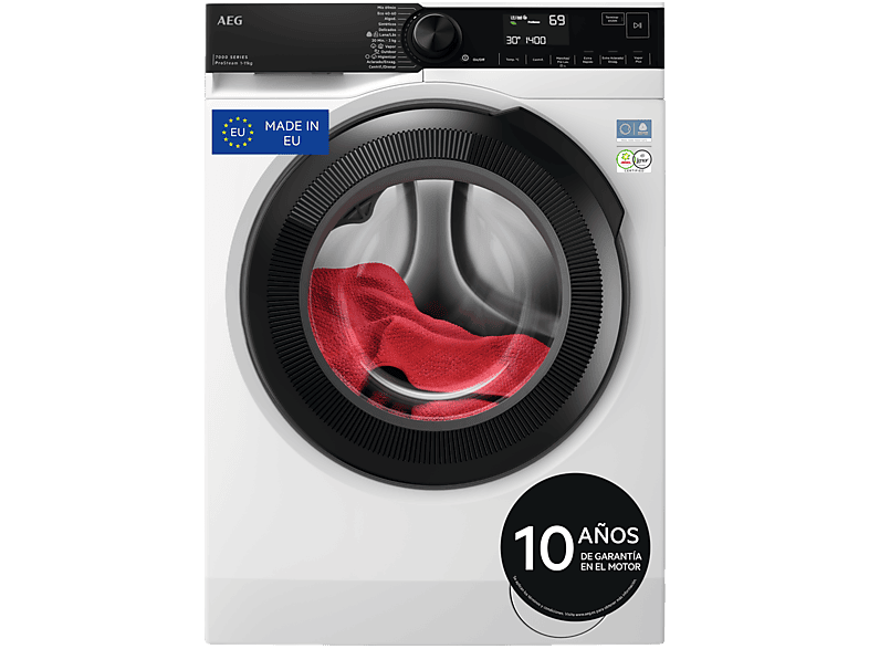 Lavadora carga frontal - AEG LFSR7304L4BP, 11 kg, 1400 rpm, 12 programas, Programa Higiene con vapor, Cajón extra largo, Blanco