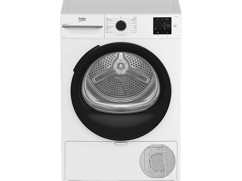 Secadora bomba de calor - Beko BM3T39220WB, 9 kg, 15 Programas, Pantalla digital, OptiSense, Filtro Fusión, AquaWave, Blanco