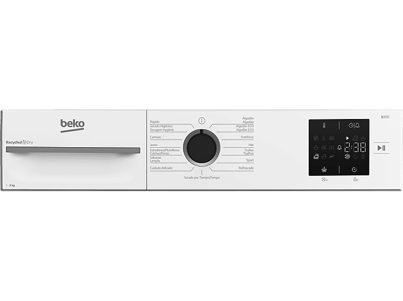 Secadora bomba de calor - Beko BM3T39220WB, 9 kg, 15 Programas, Pantalla digital, OptiSense, Filtro Fusión, AquaWave, Blanco