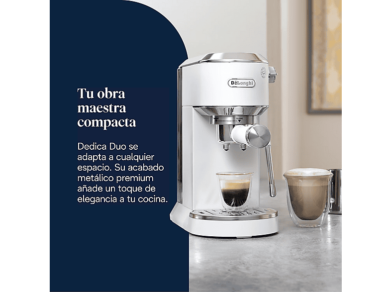 Cafetera express - De Longhi, De'Longhi EC890.WI Dedica Duo Cold Brew, 15 bar, 1450 W, 1.1 l, Capacidad para 2 tazas, Blanco