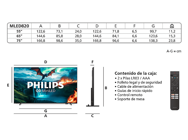 TV QD-Mini LED 65" - Philips 65MLED820/12, UHD 4K, P5 Perfect Picture Engine, Smart TV, Dolby Atmos Titan OS, DVB-T2, Negro