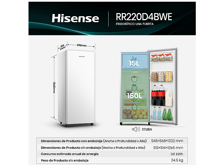 Frigorífico una puerta - Hisense RR220D4BWE, Cíclico, 126.5 cm, 165 L, Balconera XXL, Cajón frutas y verduras, Blanco