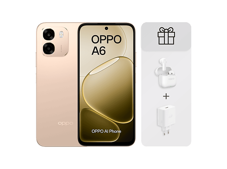 Móvil - Oppo Bundle A6 4G, Aurora Gold, 256 GB, 6 GB RAM, 6.75" LCD, Qualcomm Snapdragon®685 (6nm), 6.500mAh, Incluye Cargador 45W y Auriculares