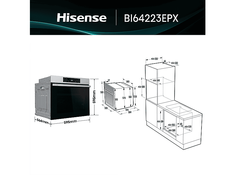 Horno - Hisense BI64223EPX, Multifunción, Pirolítico, 78 l, 59.5 cm, Modo Air Fry, Cocción Simultanea, Negro