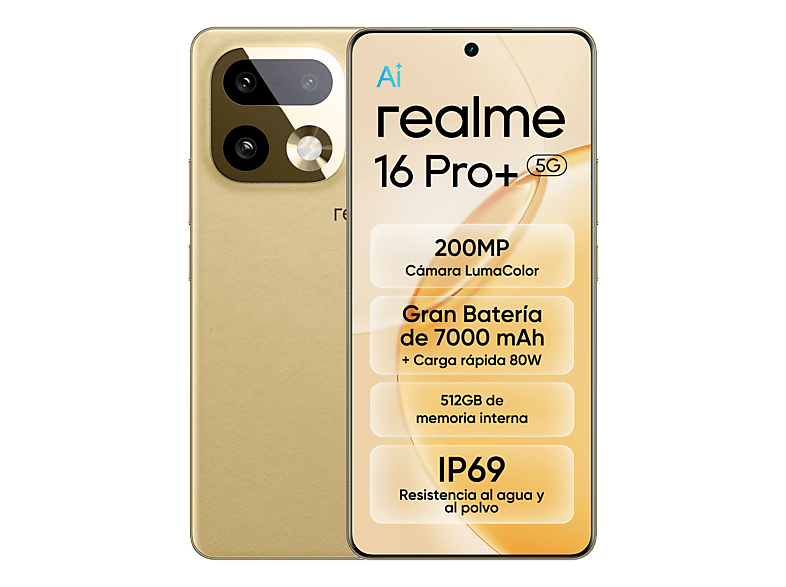 Móvil - Realme 16 Pro+, Master Gold, 512 GB, 12 GB RAM, 6.8" HyperGlow 4D Curve+ de 144Hz, Qualcomm Snapdragon 7 Gen 4, 7000 mAh