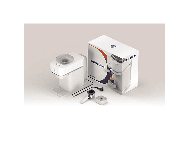 Cafetera express - Philips Baristina BAR300/00, Molinillo cerámico, 16 bares, Café en grano, 4 programas, 1550 W, 1,2L, 30s, IA, 72 dB, 3 años, Blanco