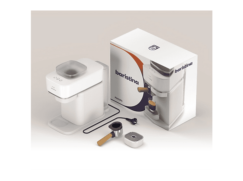 Cafetera express - Philips Baristina BAR302/20, De grano, Molinillo cerámico, 16 bares, Depósito 1,2L, Blanca con portafiltro madera, Espresso en 60 s