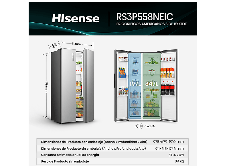 Frigorífico americano - Hisense RS3P558NEIC, Total No Frost, Multi Air Flow, 178.6 cm, 544 l, Inox