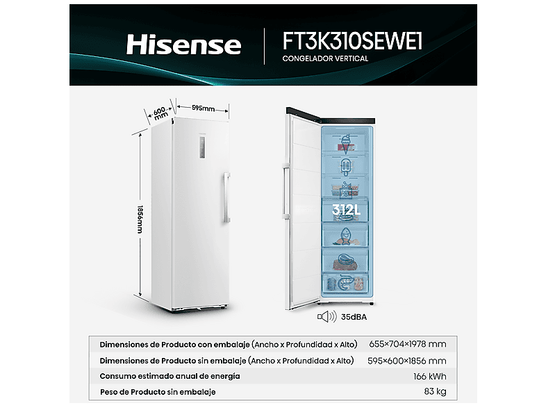 Congelador vertical - Hisense FT3K310SEWE1, 312 l, 185.6 cm, Kitchen Fit, Wi Fi, Blanco