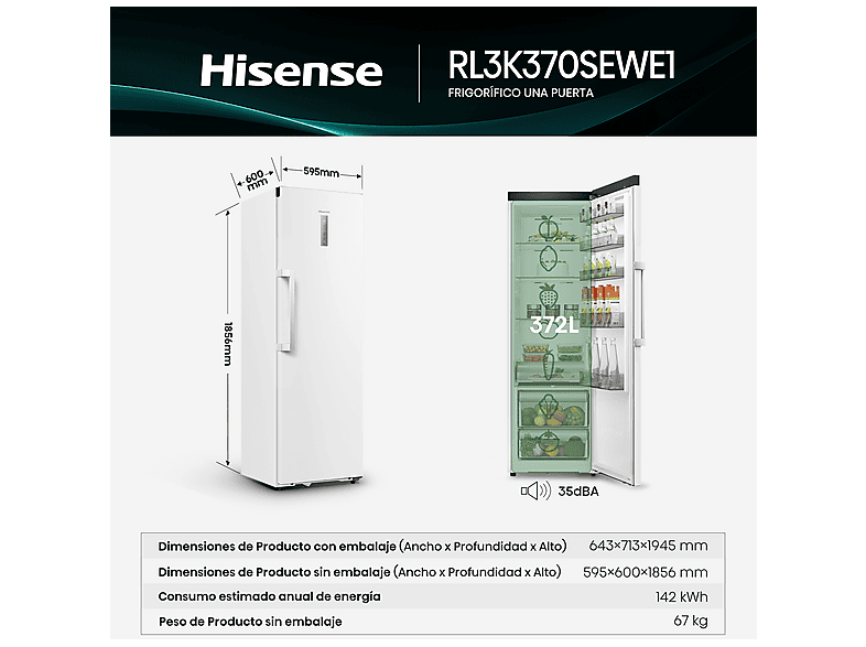 Frigorífico una puerta - Hisense RL3K370SEWE1, Total No Frost, 185.6 cm, 372 l, Kitchen Fit, Ventilación Inferior, Blanco