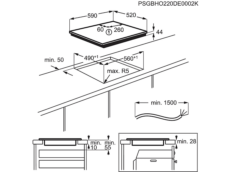Placa inducción - AEG TR64IT00FB, 4 zonas Flex de 22 cm, Función Puente, Mandos independientes, 59 cm, Negro