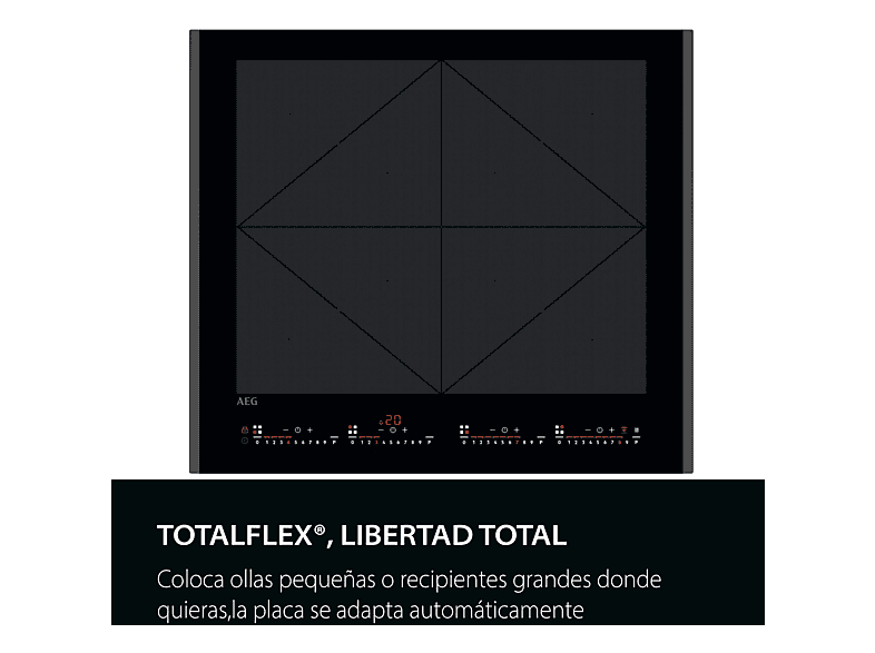 Placa inducción - AEG TR64IT00FB, 4 zonas Flex de 22 cm, Función Puente, Mandos independientes, 59 cm, Negro