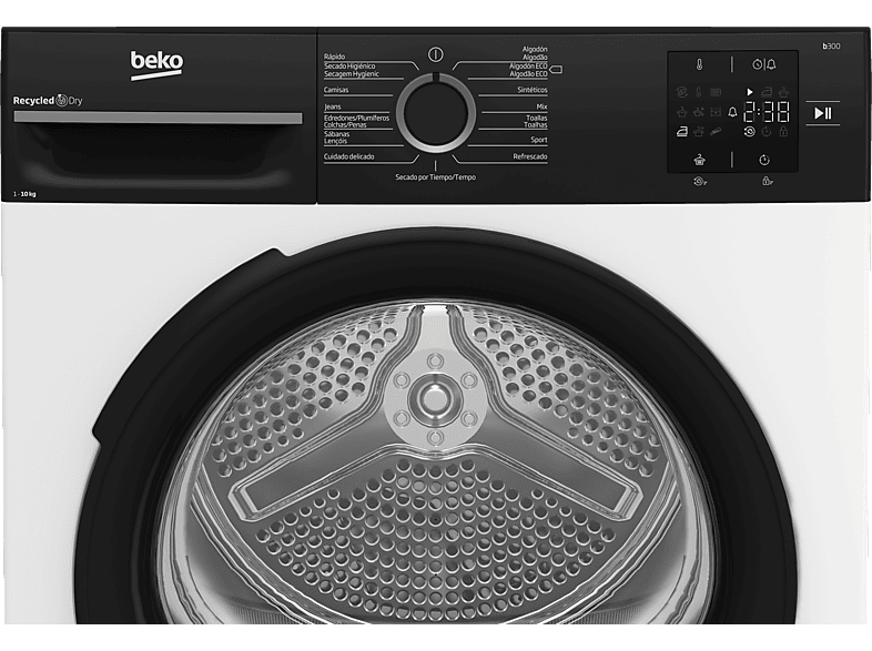 Secadora bomba de calor - Beko BM3T30230W, 10 kg, 15 Programas, Pantalla digital, OptiSense, AquaWave®, Blanco