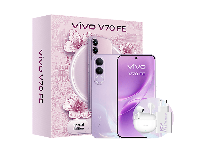Móvil - Vivo Bundle V70 FE, Muse Purple, 512GB, 8GB RAM, 6.83" AMOLED, Dimensity 7360-Turbo, 7000 mAh