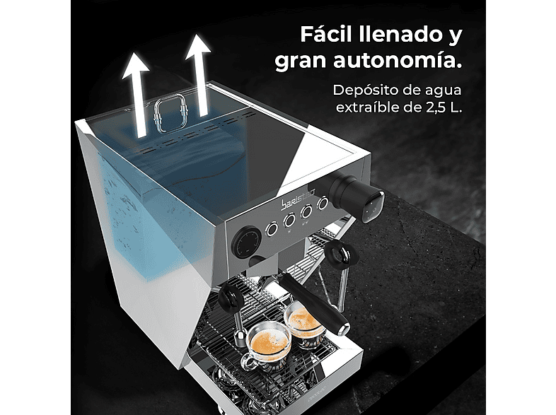 Cafetera express - Cecotec Baristeo Brava, 3150 W, 15 bares, Caldera doble, Portafiltro 58 mm, Pre-infusión, Manómetro, Depósito 2,5 L, Plateado