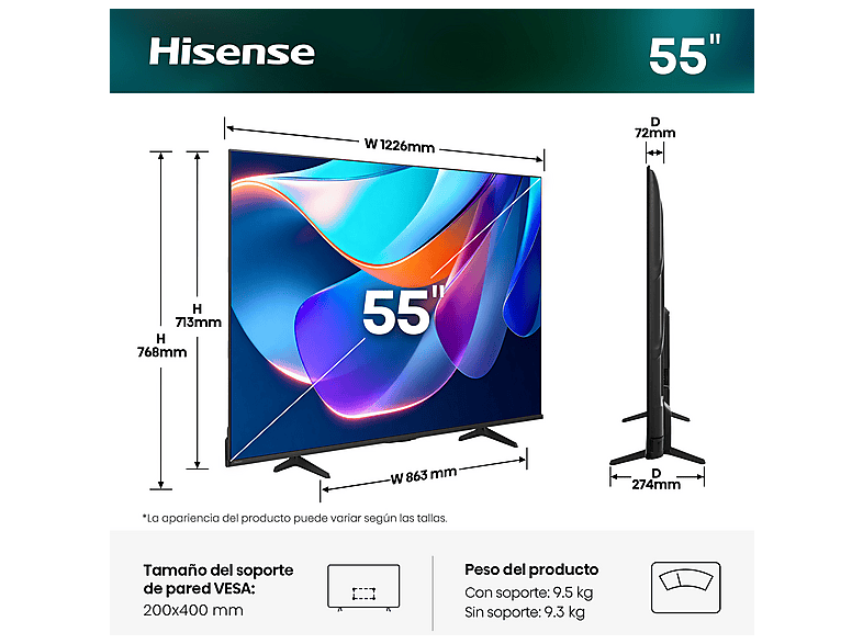 TV LED 55" - Hisense 55A6S, UHD 4K, Escalador 4K IA, Control por voz, Smooth Motion IA, Negro