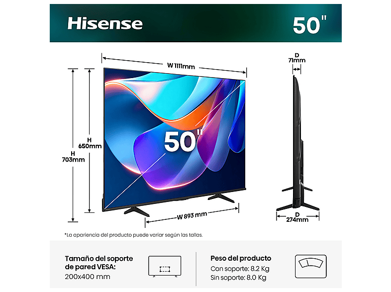 TV LED 50" - Hisense 50A6S, UHD 4K, Escalador 4K IA, Control por voz, Smooth Motion IA, Negro