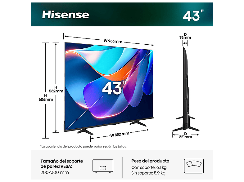 TV LED 43" - Hisense 43A6S, UHD 4K, Escalador 4K IA, Control por voz, Smooth Motion IA, Negro