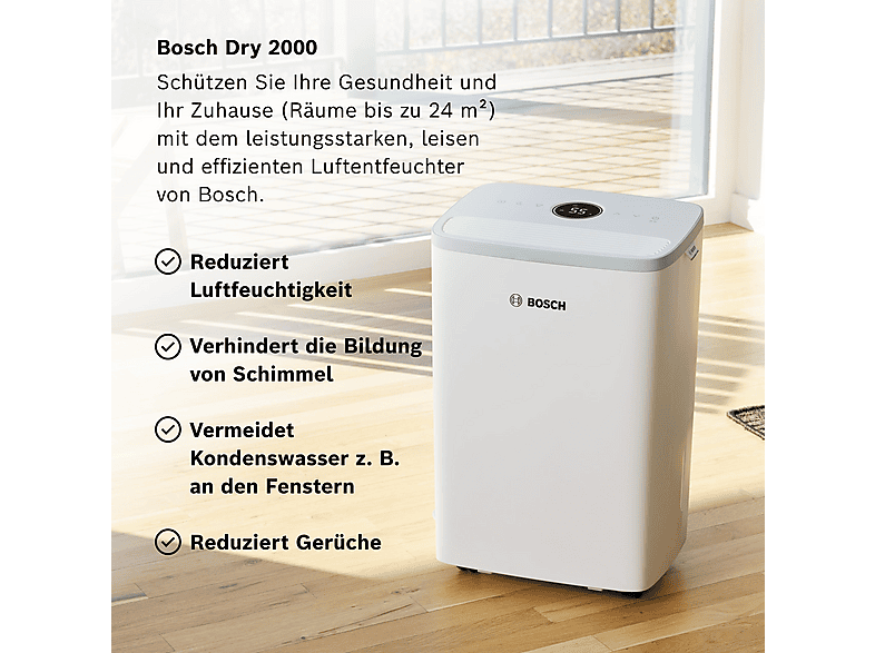 Deshumidificador - Bosch Dry 2000, 2,5 l, 24 m², Blanco