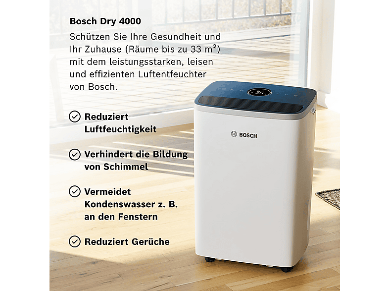 Deshumidificador - Bosch Dry 4000, 2,5 l, 33 m², Blanco