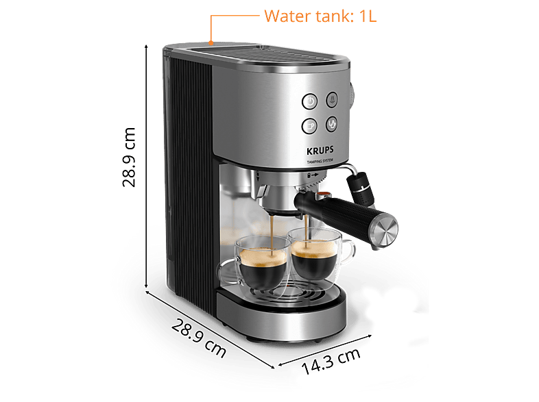 Cafetera express - Krups Virtuoso XP499E, Sitema de autoprensado, 15 bares, Panel frontal intuitivo, Barista, Thermoblock, Compacta, Inox