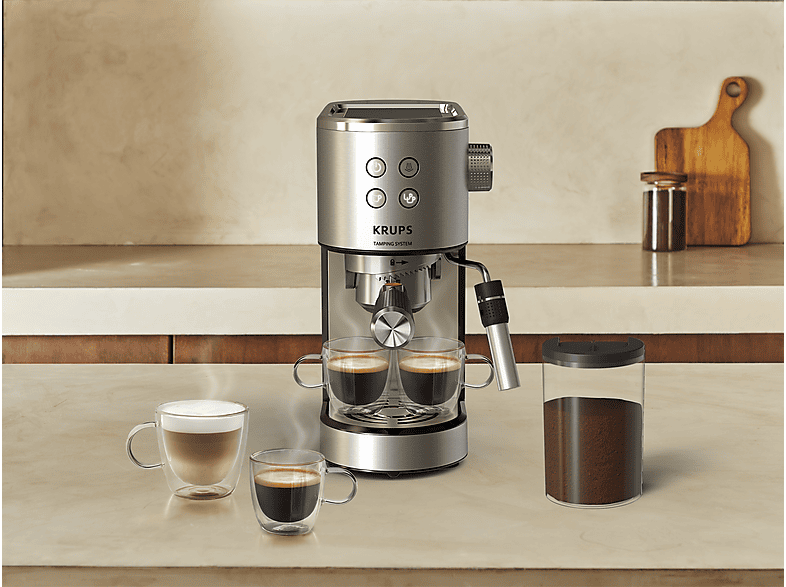 Cafetera express - Krups Virtuoso XP499E, Sitema de autoprensado, 15 bares, Panel frontal intuitivo, Barista, Thermoblock, Compacta, Inox