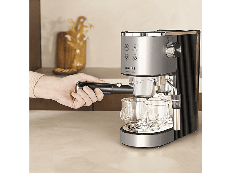 Cafetera express - Krups Virtuoso XP499E, Sitema de autoprensado, 15 bares, Panel frontal intuitivo, Barista, Thermoblock, Compacta, Inox