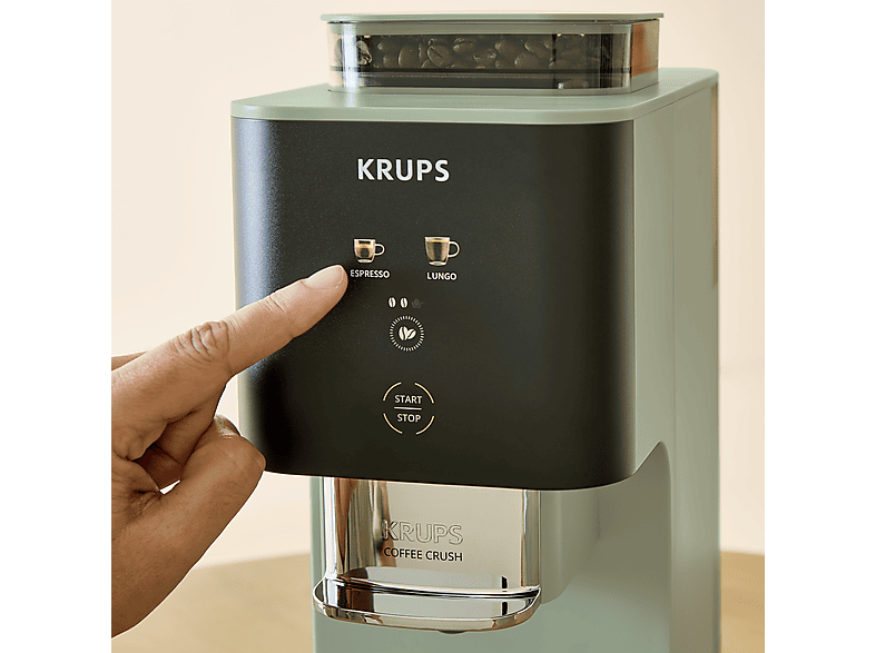 Cafetera superautomática - Krups Coffee Crush, Café en grano y molido, 15 bares, 2 recetas de café, Táctil, Compacta, 3 niveles de molienda, Verde