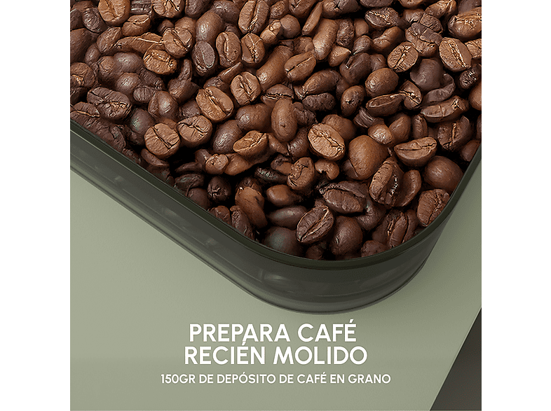 Cafetera superautomática - Krups Coffee Crush, Café en grano y molido, 15 bares, 2 recetas de café, Táctil, Compacta, 3 niveles de molienda, Verde