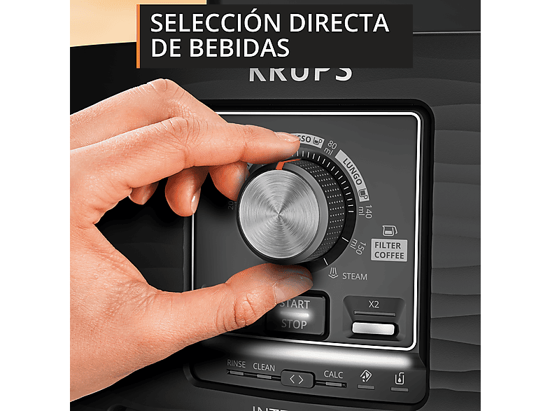 Cafetera superautomática - Krups Intensity EA50K9, 4 bebidas, Espumador de leche manual, Granos de cafe, 15 bares, 1.7l, 2 Tazas, Compacta, negro