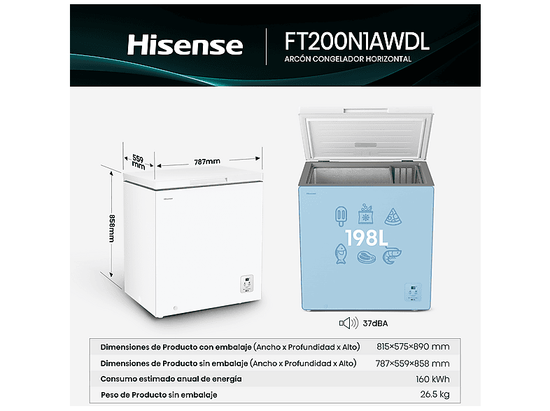 Congelador horizontal - Hisense FT200N1AWDL, 198 l, 85.8 cm, Congelador Convertible, Goma Antibacteria, Blanco