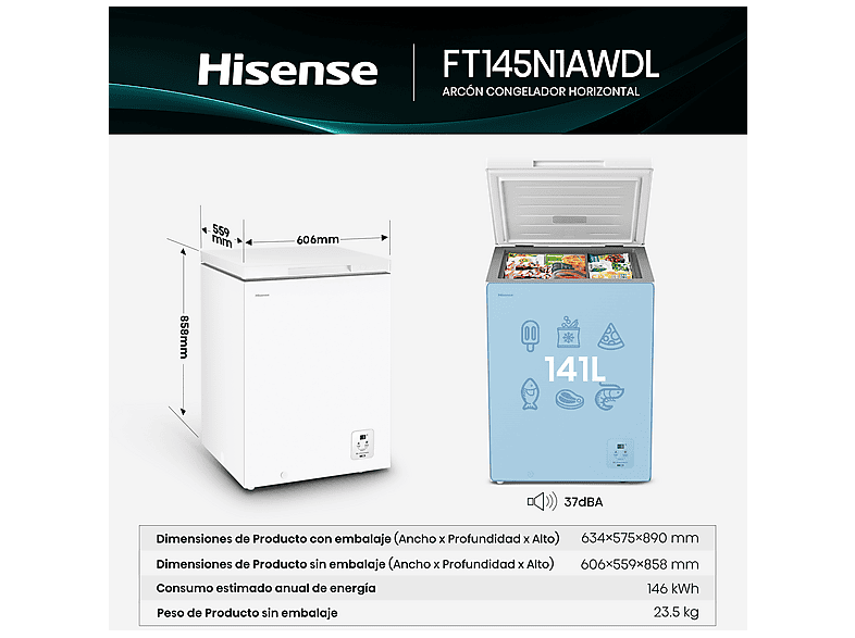 Congelador horizontal - Hisense FT145N1AWDL, 141 L, 85.8 cm, Convertible a Frigorífico. 160h de autonomia, Blanco