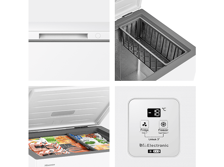 Congelador horizontal - Hisense FT145N1AWDL, 141 L, 85.8 cm, Convertible a Frigorífico. 160h de autonomia, Blanco