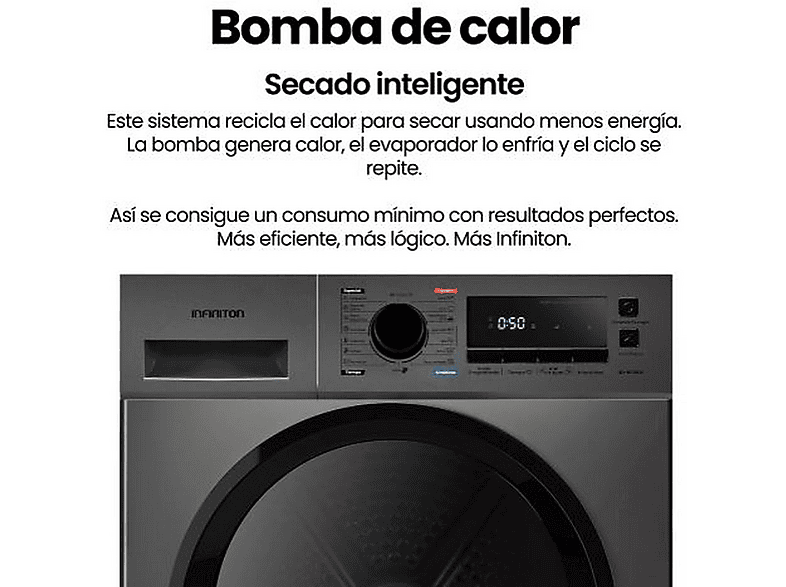Secadora Bomba de Calor - Infiniton SD-BC1DDX, 10 kg, 16 programas, Dark Inox