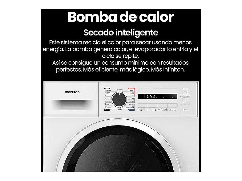 Secadora Bomba de Calor - Infiniton SD-A85BB, 14 programas, Blanco