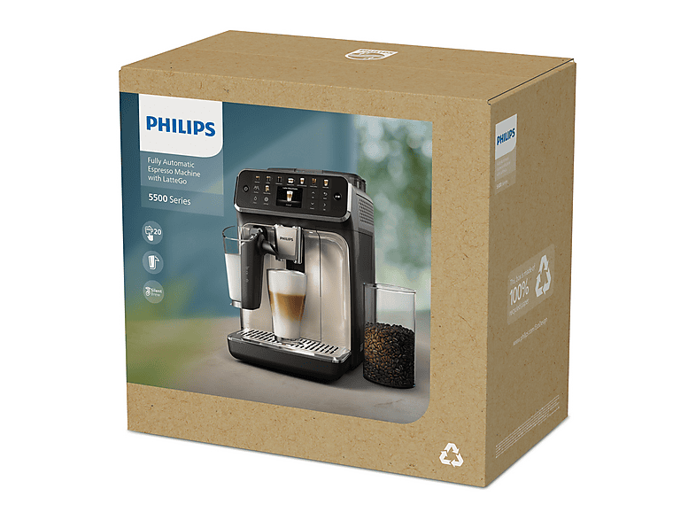 Máquina espresso - Philips 5500 series EP5545/70, 15 bar, 230 W, 0,26 l, 2 tazas, Cromo, Blanco