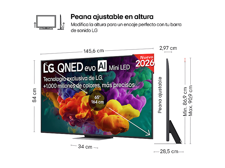 TV QNED Mini LED 65" - LG 65QNED86B6B, UHD 4K, Procesador Inteligente α8 AI Processor 4K Gen3, Smart TV, DVB-T2 (H.265), Negro
